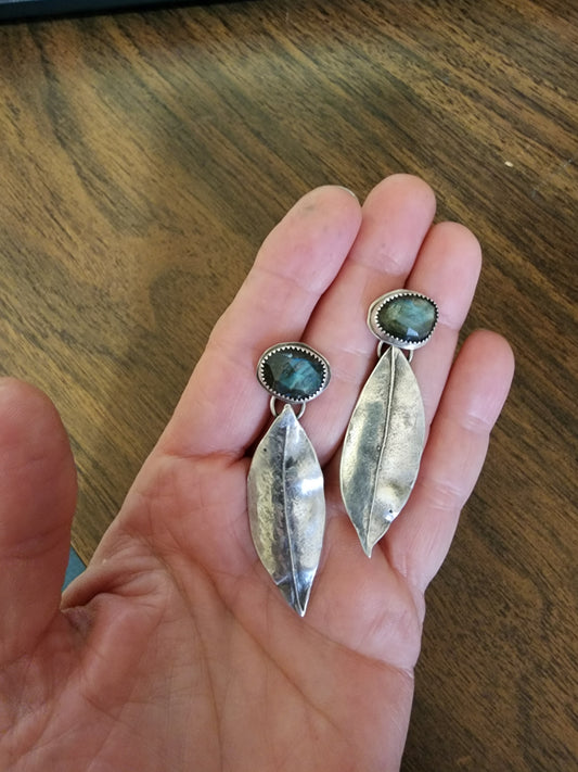 Laurel leaf with labradorite post earrings