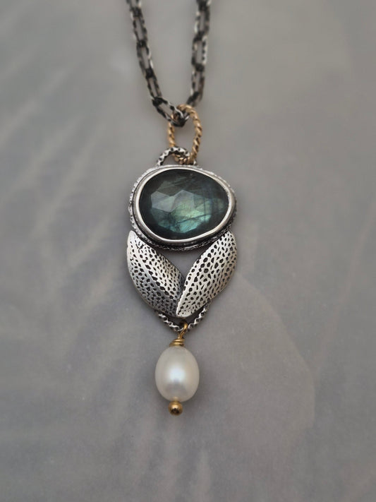 Bloom necklace-labradorite and pearl.