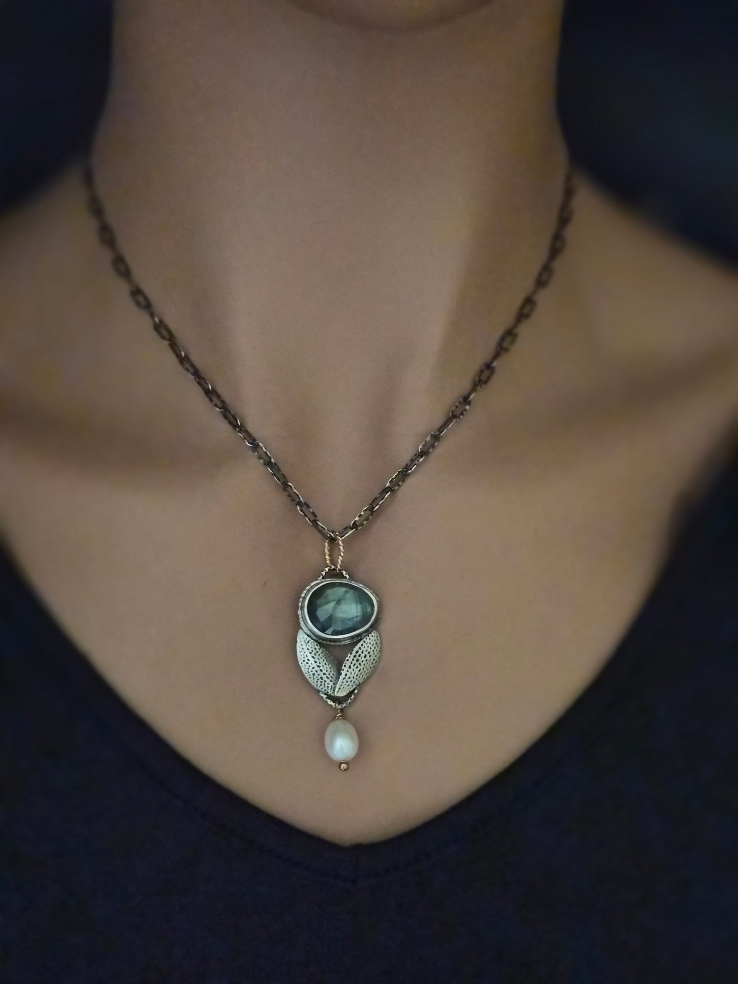 Bloom necklace-labradorite and pearl.