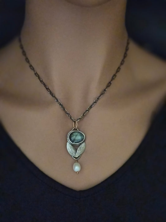 Bloom necklace-labradorite and pearl.