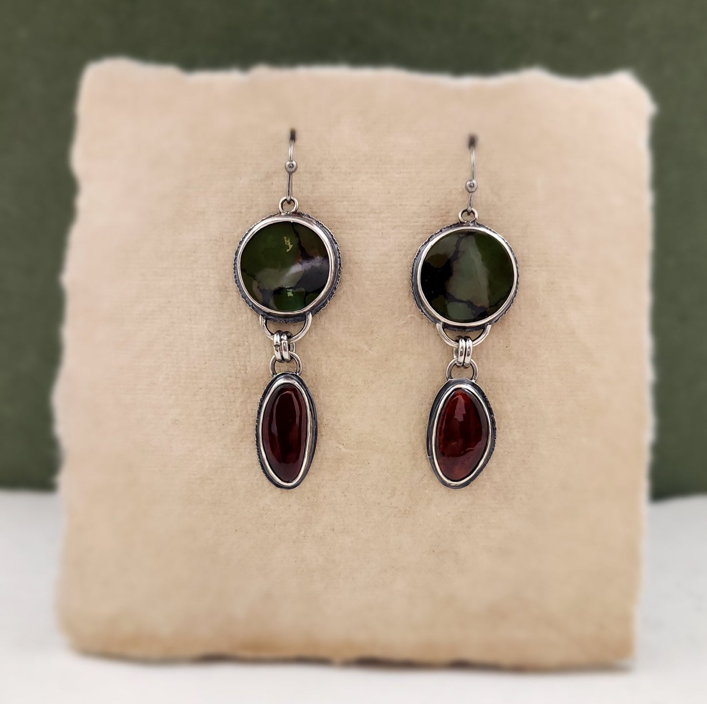 Green Turquoise and Garnet  Earrings