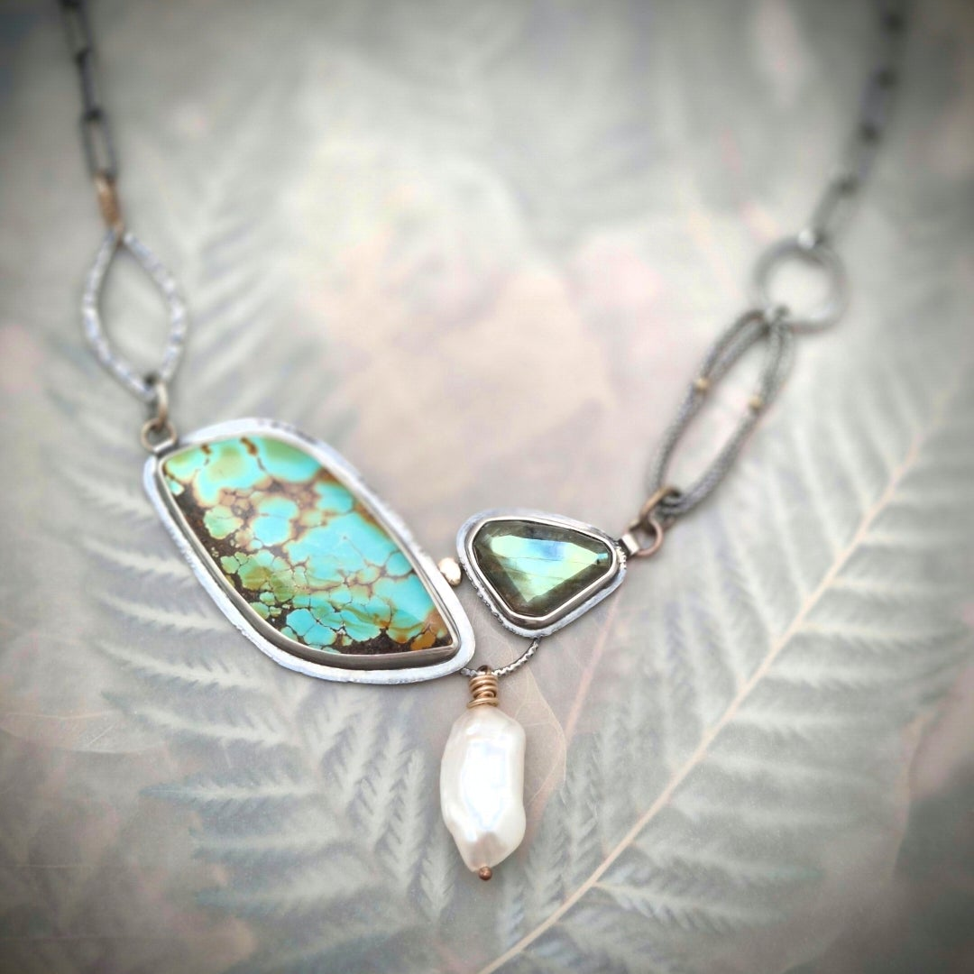 Labradorite-Turquoise-Pearl statement neckpiece