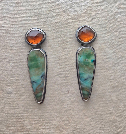 Orange Kyanite and Opal Wood post earrings