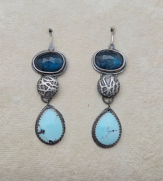 Teal Moss Kyanite with Gold Hills Lavender turquoise earrings