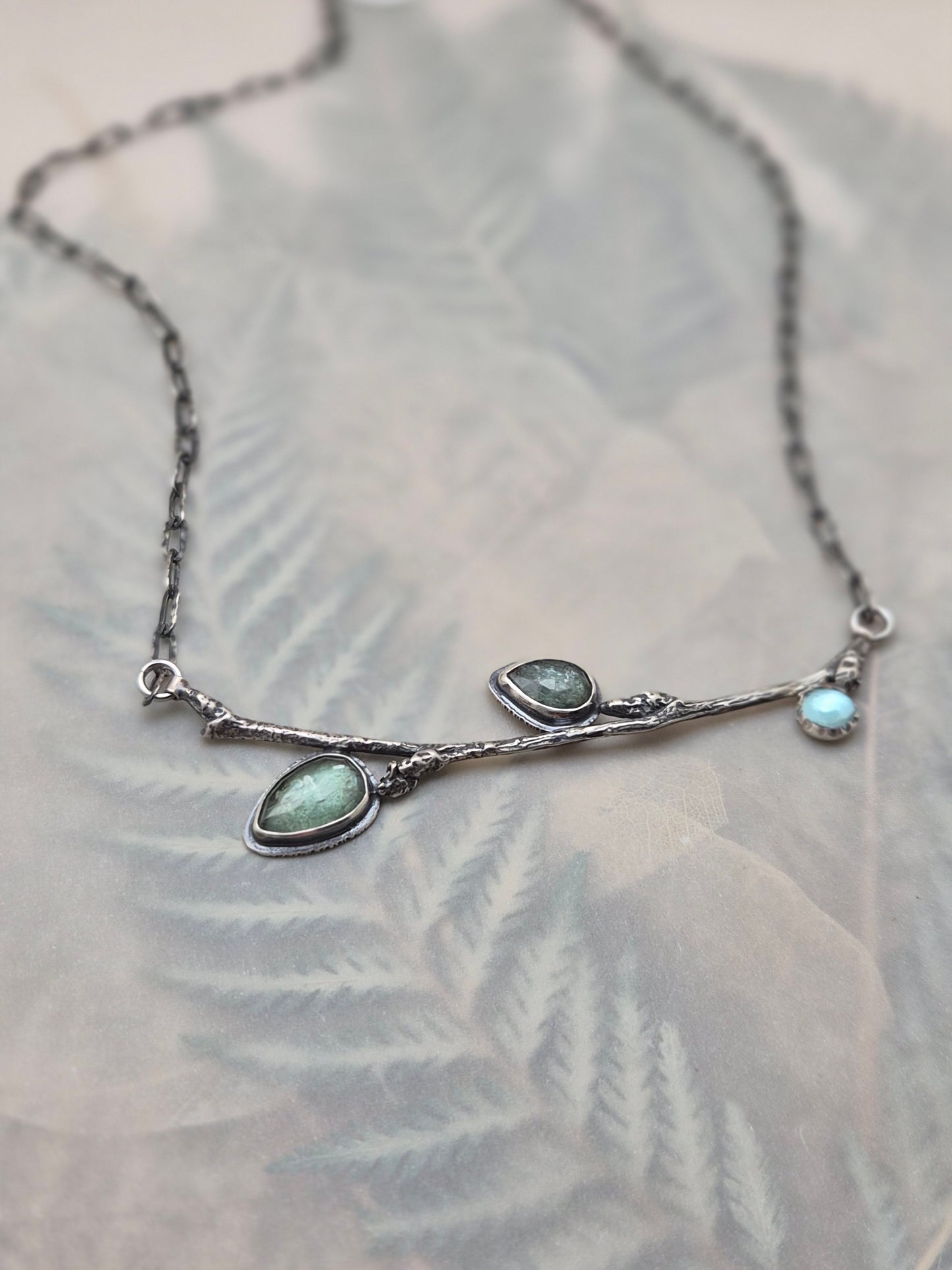 Mint Kyanite with blue topaz branch necklace