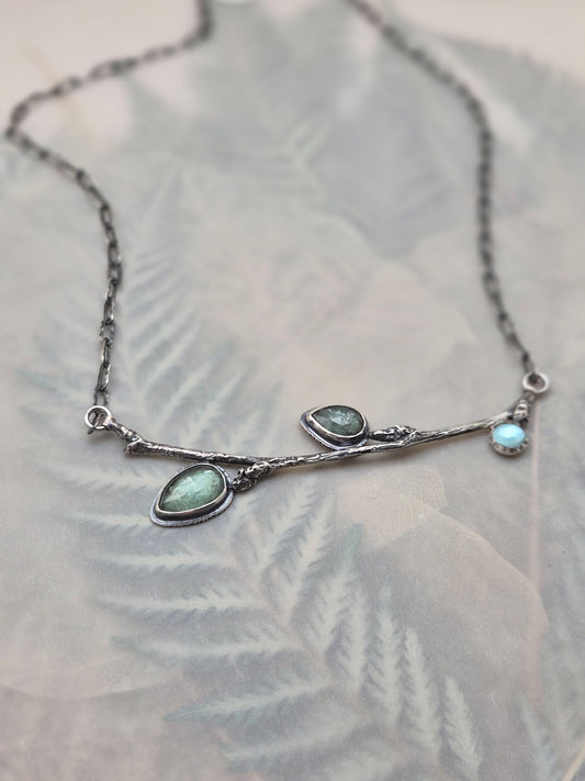 Mint Kyanite with blue topaz branch necklace