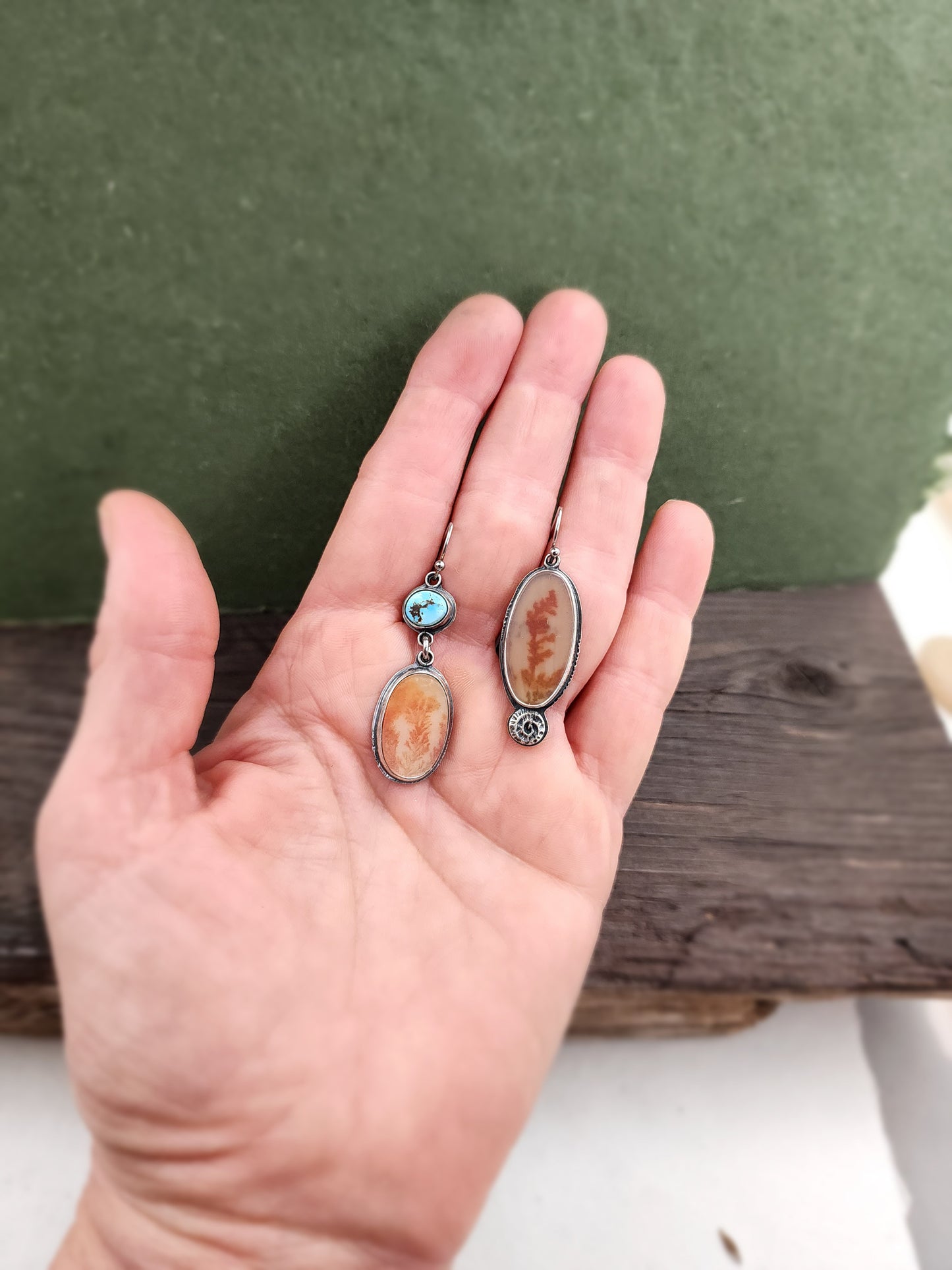 Orange Dendritic Agate and Gold Hills Lavender Turquoise Earrings