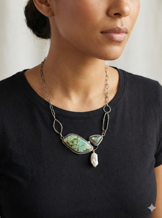 Labradorite-Turquoise-Pearl statement neckpiece