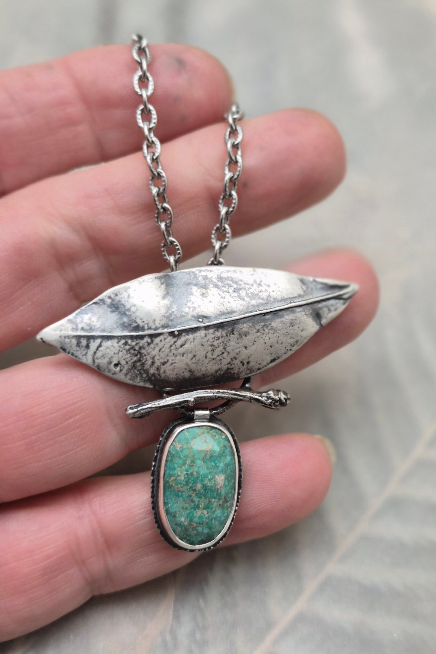 Green turquoise with laurel leaf necklace