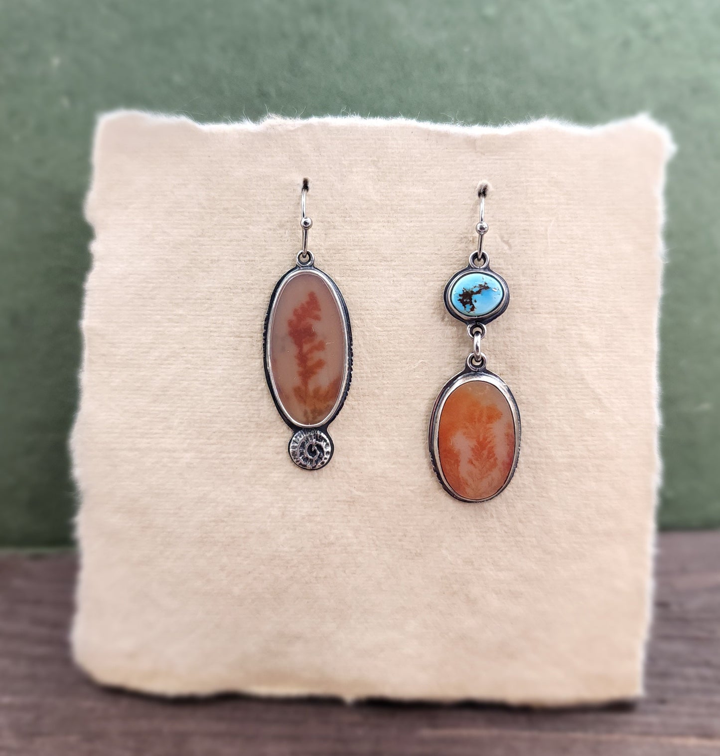 Orange Dendritic Agate and Gold Hills Lavender Turquoise Earrings