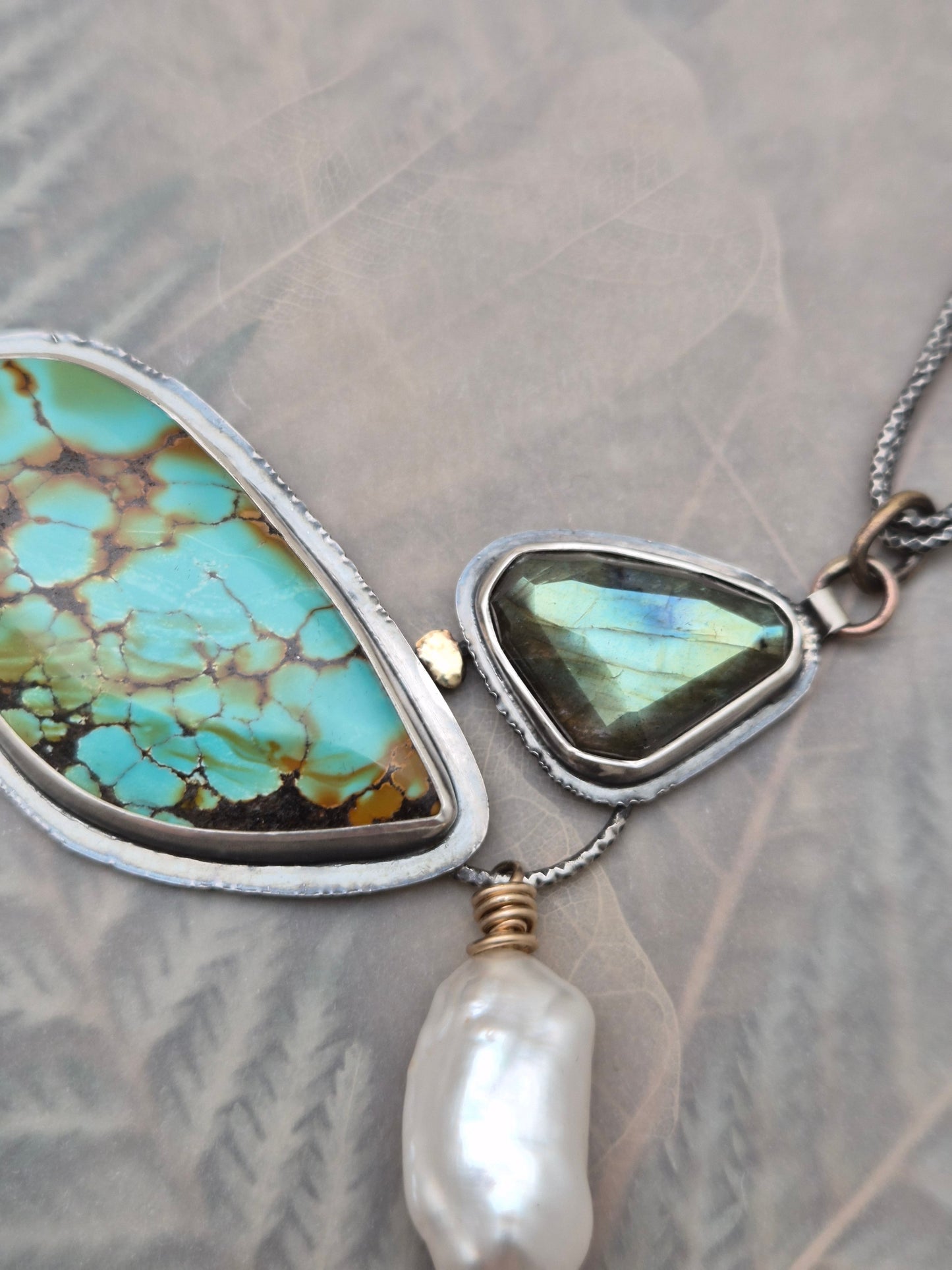 Labradorite-Turquoise-Pearl statement neckpiece