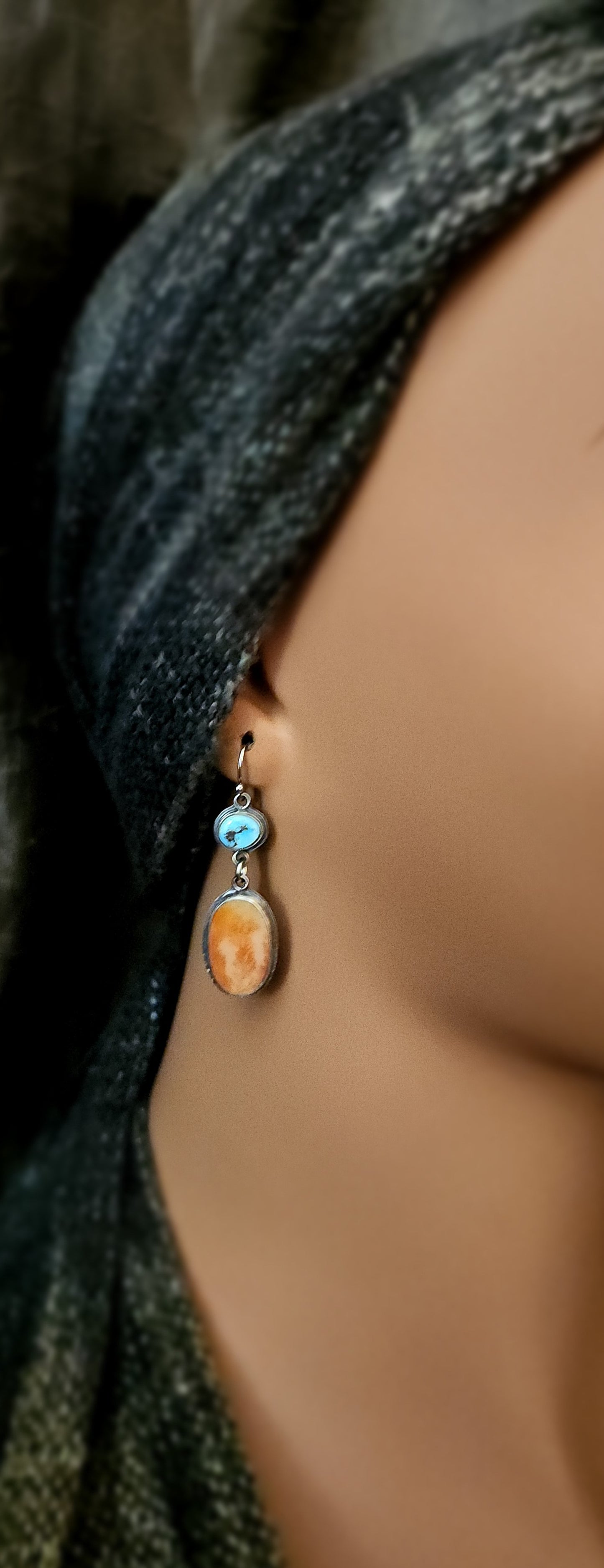 Orange Dendritic Agate and Gold Hills Lavender Turquoise Earrings